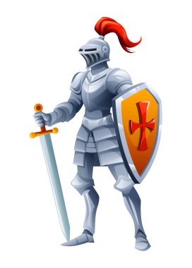 Zırhlı bir şövalye, elinde kılıç ve kalkan, güçlü bir pozisyonda duruyor. Vektör çizgi film karakteri çizimi