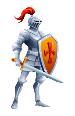 Elinde kılıç ve kalkan tutan Ortaçağ şövalyesi karakteri. Vektör çizgi film illüstrasyonu