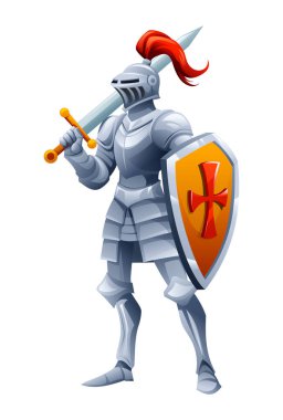 Parlak zırhlı ortaçağ şövalyesi elinde kılıç ve kalkan tutuyor. Vektör çizgi film karakteri çizimi