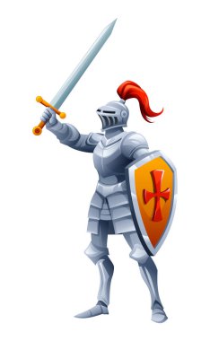 Ortaçağ şövalyesi bir kalkan ve kılıç tutuyor, savaşa hazır. Vektör çizgi film illüstrasyonu