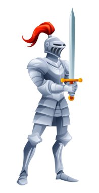 Parlak zırhlı ortaçağ şövalyesi elinde kılıç ve kalkanla kendinden emin bir duruş sergiliyor. Vektör çizgi film karakteri çizimi