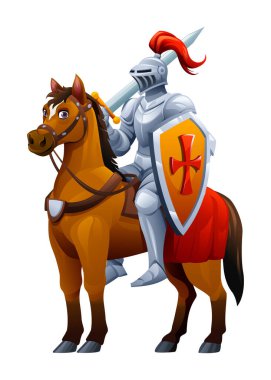 Atın üzerinde kılıç ve kalkan tutan şövalye, savaşa hazır. Vektör çizgi film illüstrasyonu