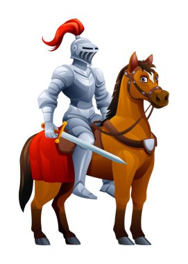 At üstünde kılıç tutan bir şövalye, savaşa hazır. Vektör çizgi film illüstrasyonu