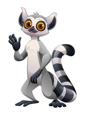 Dost canlısı lemur mutlu bir ifadeyle el sallıyor. Vektör çizgi film illüstrasyonu