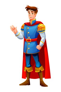 Pelerinli bir prens, el sallıyor ve gülümsüyor. Vektör çizgi film karakteri çizimi