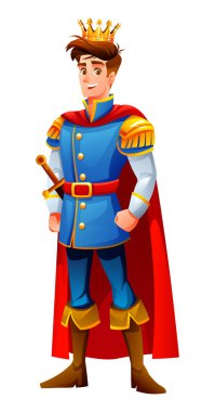 Kraliyet giysili bir prens, taç ve kılıçla, güvenle gülümsüyor. Vektör çizgi film karakteri çizimi
