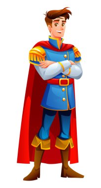 Pelerinli bir prens, kollarını kavuşturmuş, gülümsüyor. Vektör çizgi film karakteri çizimi