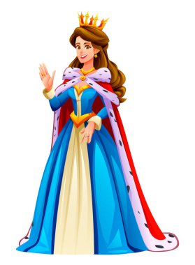 Kraliyet Kraliçesi mavi bir elbiseyle ve kırmızı pelerinli, gülümseyen ve el sallayan. Vektör çizgi film karakteri çizimi