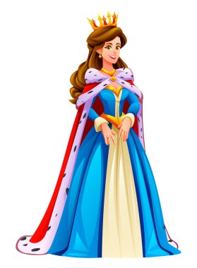 Kraliyet Kraliçesi karakteri, mavi bir elbise ve kırmızı bir pelerin giyiyor. Vektör çizgi film illüstrasyonu