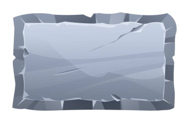 Keskin kenarları ve çatlakları olan dikdörtgen taş levha açısal ve pürüzlü bir yüzey oluşturuyor. Oyun ve ağ için taş afiş unsuru. Ui veya gui tasarım elementi. Vektör çizgi film illüstrasyonu