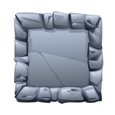 Çentikli taş parçalarıyla çevrili kare taş çerçeve, ortasında kırık bir yüzey var. Oyun ve ağ için taş afiş unsuru. Ui veya gui tasarım elementi. Vektör çizgi film illüstrasyonu
