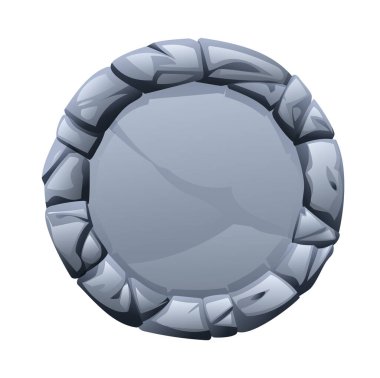 Çentikli taş parçalarından yapılmış yuvarlak taş çerçeve ortasında kırık bir yüzey var. Oyun ve ağ için taş afiş unsuru. Ui veya gui tasarım elementi. Vektör çizgi film illüstrasyonu
