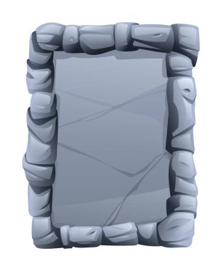 Çentikli taş parçalarından yapılmış dikdörtgen taş çerçeve ortasında kırık bir yüzey var. Oyun ve ağ için taş afiş unsuru. Ui veya gui tasarım elementi. Vektör çizgi film illüstrasyonu