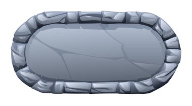 Çentikli taş parçalarıyla çevrili yuvarlak dikdörtgen taş çerçeve ortasında kırık bir yüzey. Oyun ve ağ için taş afiş unsuru. Ui veya gui tasarım elementi. Vektör çizgi film illüstrasyonu