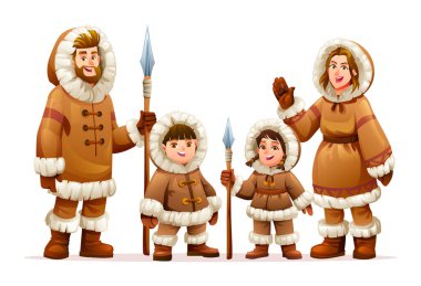 Eskimo ailesi geleneksel kürk kaplı kışlık paltolar giyerek bir arada duruyorlar. Vektör çizgi film karakteri çizimi