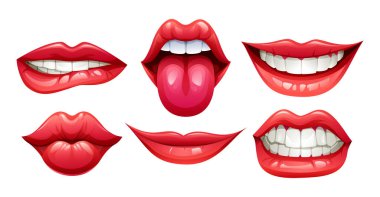 Dişleri, dili ve ağız pozlarını gösteren farklı dudak ifadeleri koleksiyonu. Vektör çizgi film illüstrasyonu