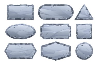 Keskin kenarları ve pürüzlü yüzeyi olan taştan bir tahta seti ona kırık bir görünüm veriyor. Oyun ve ağ için taş afiş unsuru. Ui veya gui tasarım elementi. Vektör çizgi film illüstrasyonu