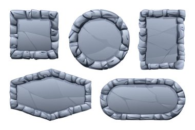 Çeşitli şekilleri ve pürüzlü dokuları olan taştan bir çerçeve. Oyun ve ağ için taş afiş unsuru. Ui veya gui tasarım elementi. Vektör çizgi film illüstrasyonu