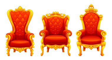 Kırmızı yastıklı, geniş kollu ve klasik tarzda sırtüstü uzanan altın taht koltuğu. Vektör çizgi film illüstrasyonu