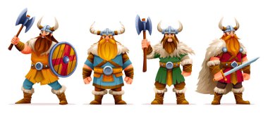 Baltalar ve kalkanlar da dahil olmak üzere çeşitli silahlara sahip Viking karakterleri koleksiyonu. Vektör çizgi film illüstrasyonu