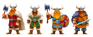 Silahları ve kalkanları olan bir grup Viking karakteri savaşa hazır. Vektör çizgi film illüstrasyonu