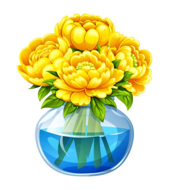 Cam vazoda suyla birlikte sarı şakayık demeti. Vektör çizgi film illüstrasyonu