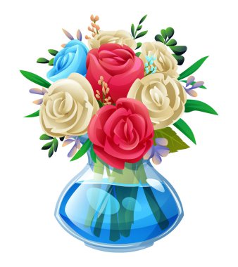 Renkli bir buket kırmızı, beyaz ve mavi güller berrak bir vazoda suyla. Vektör çizgi film illüstrasyonu