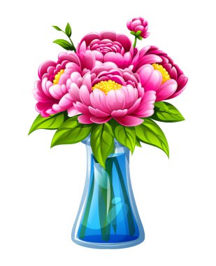 Uzun bir su vazosundaki yapraklı ve saplı pembe şakayıklar. Vektör çizgi film illüstrasyonu