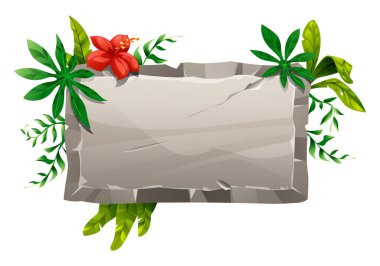 Kırmızı amberli tropik taş tabela ve yaz dekorasyonu için orman yaprakları. Vektör çizgi film illüstrasyonu