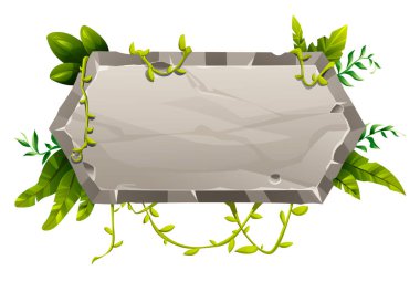 Doğa afişi için asma ve tropikal yapraklarla taş işareti. Vektör çizgi film illüstrasyonu