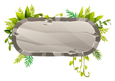 Yuvarlak dikdörtgen taş işareti, orman temalı çatlaklar ve tropikal yapraklar. Vektör çizgi film illüstrasyonu