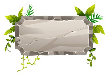 Doğa teması olarak tropikal yeşillik ve sarmaşıklarla süslenmiş taş levha. Vektör çizgi film illüstrasyonu