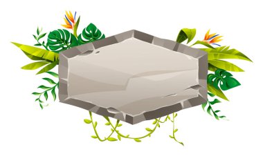 Tropikal yapraklı taş tabela ve orman dekorasyonu için cennet kuşu çiçeği. Vektör çizgi film illüstrasyonu