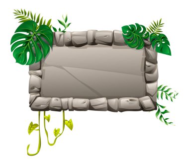 Düzenli kayalar, sarmaşıklar ve tropikal yapraklarla dikdörtgen bir orman taşı tahtası. Vektör çizgi film illüstrasyonu