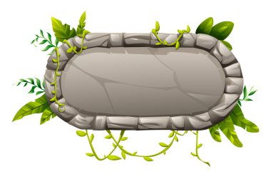 Yuvarlak dikdörtgen taş çerçeve, katmanlı kayalar, yeşil asmalar ve çizgi film tarzında orman yaprakları. Vektör çizgi film illüstrasyonu