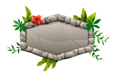 Orman temalı tasarım için kırmızı amber çiçeği ve tropikal yapraklı taş işareti. Vektör çizgi film illüstrasyonu