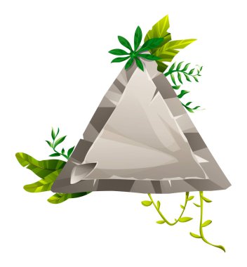 Tropikal yapraklar ve orman teması için sarmaşıklarla süslenmiş üçgen taş tabela. Vektör çizgi film illüstrasyonu