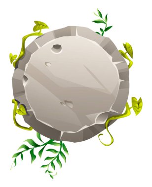 Orman temalı tasarım için sarmaşık ve tropikal yapraklı yuvarlak taş tabela. Vektör çizgi film illüstrasyonu