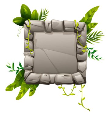 Düzenlenmiş kaya ve asma süslemeleri olan kare orman taşı tabelası. Vektör çizgi film illüstrasyonu