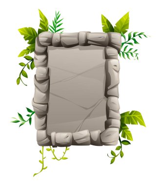 Dikdörtgen çerçeveli ve tropikal yapraklı dikey taş işareti. Vektör çizgi film illüstrasyonu