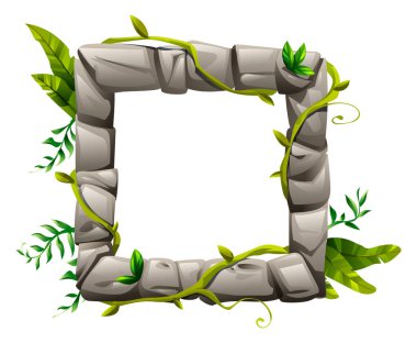 Kenarlarını saran yeşil sarmaşıklı taşlardan oluşan kare bir orman çerçevesi. Vektör çizgi film illüstrasyonu