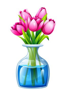 Cam vazoda suyla birlikte pembe laleler. Vektör çizgi film illüstrasyonu