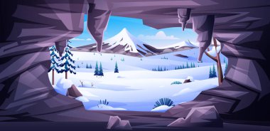 Donmuş dağ vadisi manzarası bir kış mağarasından görülüyor. Vektör çizgi film illüstrasyonu