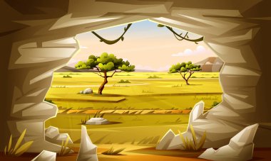 Tarlaları ve seyrek ağaçlarıyla kayalık bir mağaradan manzaralı savana manzarası. Vektör çizgi film illüstrasyonu