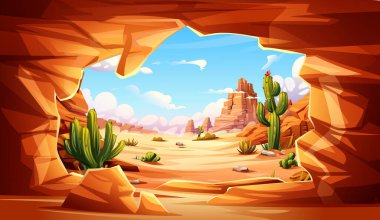 Kaktüslü çöl kanyonu manzarası ve parlak mavi gökyüzünün altındaki mağara girişinden görünen kayalar. Vektör çizgi film illüstrasyonu