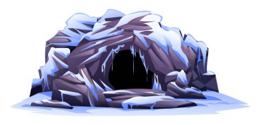 Çatıda buz ve karla çevrili buz sarkıtları olan karlı kayalık bir mağara. Vektör çizgi film illüstrasyonu