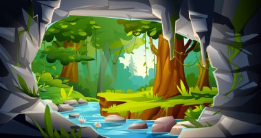 Mağaradan kayalar ve ağaçlarla birlikte nehir ormanı manzarası. Vektör çizgi film illüstrasyonu