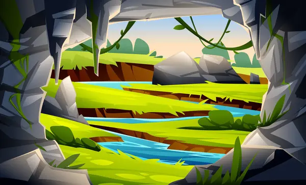 Bir nehir manzarası ve mağaranın içinden görünen kayalar. Vektör çizgi film illüstrasyonu
