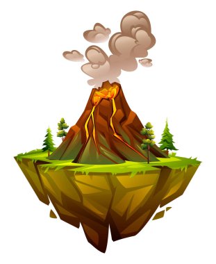 Çimenli yüzen adada duman ve lav akıntısıyla volkan patlaması. Vektör çizgi film illüstrasyonu