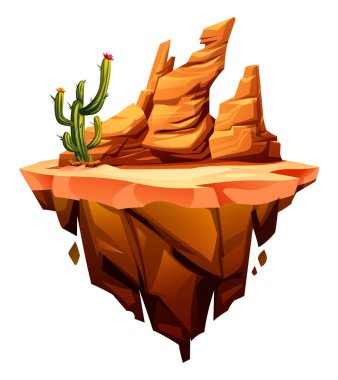 Kaktüs, kayalık kuleleri olan yüzen kızıl kaya adasında. Vektör çizgi film illüstrasyonu